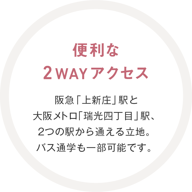 便利な2WAY ACCESS 阪急「上新庄」駅と地下鉄「瑞光四丁目」駅、2つの駅から通える立地。バス通学も一部可能です。